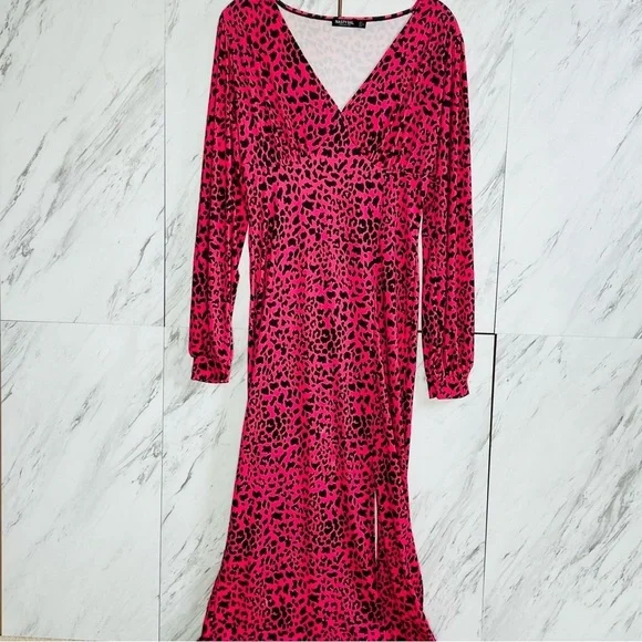 Nasty Gal Animal Instincts Leopard Print Puff Balloon Stretch Midi Dress 2 - Picture 2 of 10